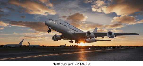 Airplane taking off from the airport. 3d render and illustration. - Powered by Shutterstock