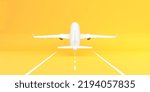Airplane taking off the runway on a yellow background with copy space. Minimal style design. Front view. 3d rendering illustration