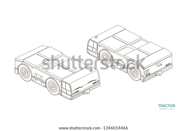 Airplane towing vehicle in isometric style.\
Outline blueprint. Repair and maintenance of aircraft. Airfield\
transport. Industrial drawing of 3d car.\

