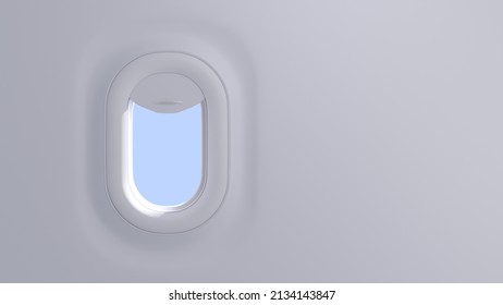 Airplane Window, 3d Render. Realistic Aircraft Porthole With Open Curtain And Sky View, Plane Cabin Interior In Flight. Mockup Illuminator Of Plastic And Plexiglass For Passenger Safety. Travel Banner