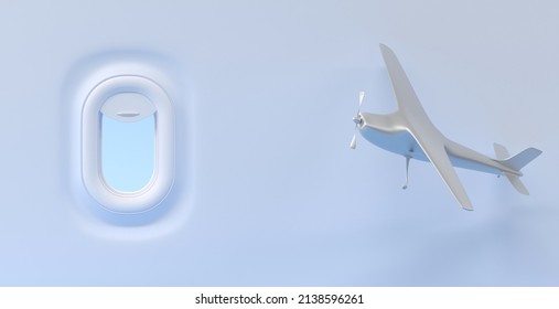 Airplane Window And Flying Small Plane With Propelled. Porthole With Open Curtain And Sky View, Turboprop Private Jet In Flight. Realistic 3d Mockup Illuminator And Single Engine Aircraft With Vanes