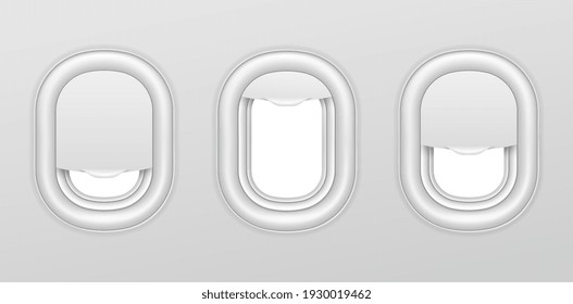 Airplane Windows. Aircraft Interior With Portholes. Realistic Airplanes Illuminators Isolated Set