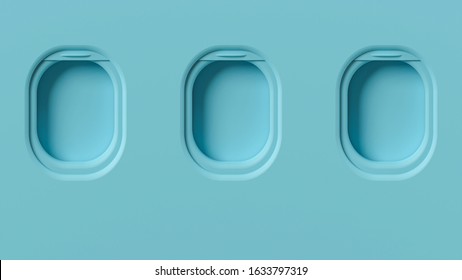 Airplane windows concept, pastel 3d illustration. Blue background, plane illuminators front view, travel minimalist interior. Cabin inside concept, tourism background. Porthole flight window.