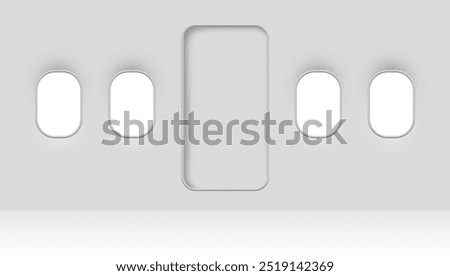 Airplane windows and door, view from inside cabin with white sidewall