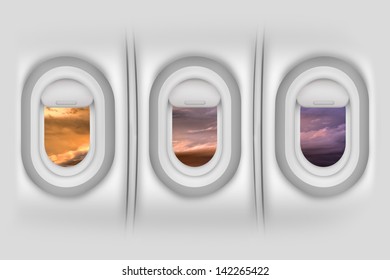 Airplane Windows / Porthole - Aircraft Side Passengers Windows From Inside. Beautiful Sunset Outside. Airplanes / Flight Illustration. Detailed Illustration - Wall Material Texture.