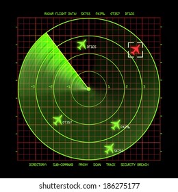 Airport Air Traffic Control Radar Screen With Planes On A Grid.