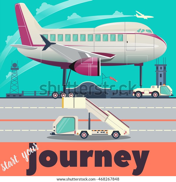 Airport with aircraft flat style raster\
illustration. Cartoon colorful\
image.