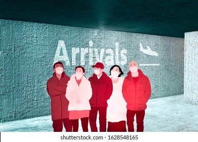 Airport Arrivals From China, Virus Emergency, Coronavirus Infection, Danger And Contagion. Airports. 3d Render. Passengers In Transit. Spread Of The Virus. Protective Masks