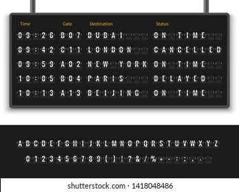 Airport board. Font alphabet info panel arrival departure display timetable destination flight terminal, realistic illustration