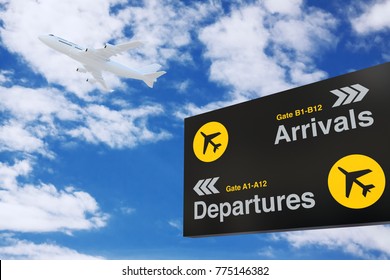 Airport Departure & Arrival information Board with White Jet Passenger's Airplane on a blue sky background. 3d Rendering