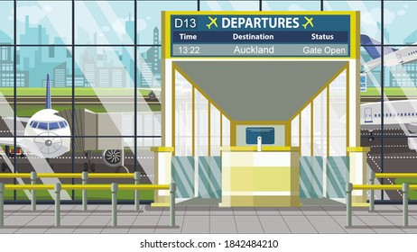 Airport Departure Board With Auckland Caption. Travel In New Zealand Related Cartoon Illustration