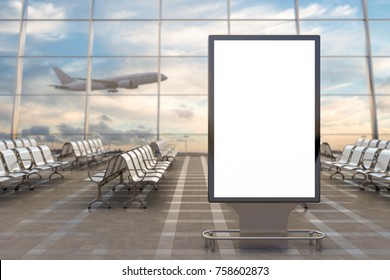 Airport departure lounge. Blank billboard stand and airplane on background. 3d illustration 