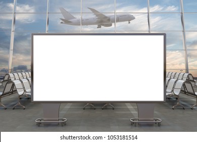 Airport departure lounge. Blank horizontal billboard stand and airplane on background. Include clipping path around advertising poster. 3d illustration 