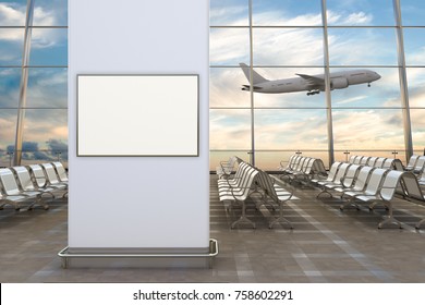 Airport departure lounge. Blank horizontal poster and airplane on background. 3d illustration 