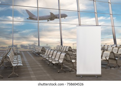 Airport Departure Lounge. Blank Roll Up Banner Stand And Airplane On Background. 3d Illustration 