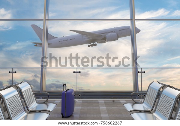 空港出発ラウンジ 背景に荷物のスーツケースと飛行機 3dイラスト のイラスト素材