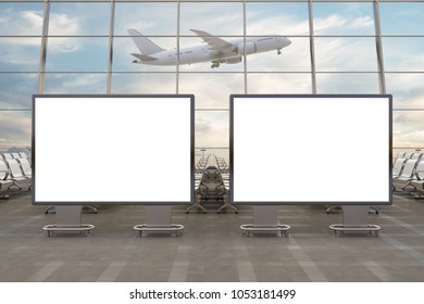 Airport Departure Lounge. Two Blank Horizontal Billboard Stands And Airplane On Background. Include Clipping Path Around Advertising Posters. 3d Illustration 