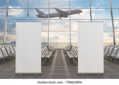 Airport Departure Lounge. Two Blank Roll Up Banner Stands And Airplane On Background. 3d Illustration 