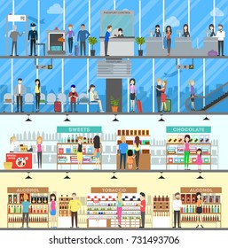 Airport Duty Free. Set Of Airport Shop And Luggae Check Illustrations.