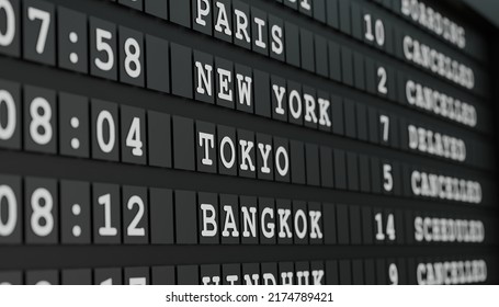 Airport Flight Departure Board With Some Cancelled Flights To Tokyo, Bangkok Or Delayed To New York. International Airport, Tourism And Travel Concept. 3D Illustration