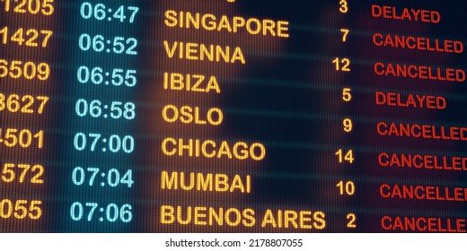 Airport Flight Time Table. Close Up Screen With Flight Departure Board. Flights Are Cancelled Or Delayed. International Airport, Tourism And Travel Concept. 3D Illustration