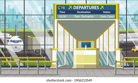 Airport gate  departure board and san salvador text  travel to el salvador related cartoon illustration
