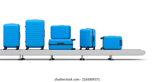 Airport luggage conveyor belt, manufacture line or baggage claim area with suitcases on white background. 3d render of travel vacation concept.
