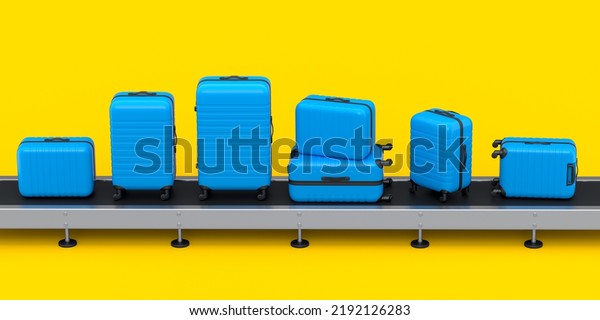 Airport luggage conveyor belt, manufacture line\
or baggage claim area with suitcases on yellow background. 3d\
render of travel vacation\
concept.