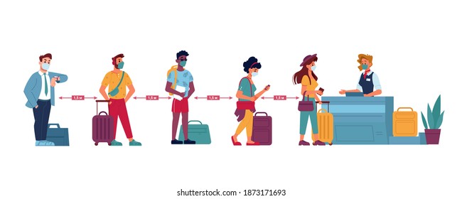 Airport Queue, Social Distance People In Masks Standing At Line To Passport Control, Flat. Coronavirus Covid People Social Distance In Airport Counter Check Boarding Or Baggage Lost Claim Desk