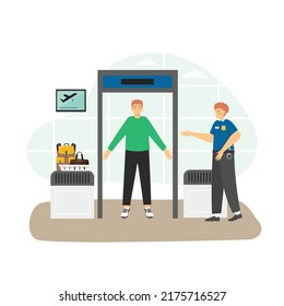 Airport Security Check Point, Passenger And Baggage Screening Procedures, Flat Illustration. Male Character Passing Through Full Body Scanner And His Luggage Passing Through Xray Imaging System