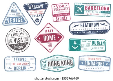 Airport stamps. Vintage travel passport visa immigration arrived stamp with grunge texture. Europe tourism isolated set