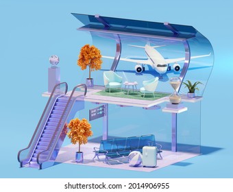 Airport Terminal Interior Cross-section. Modern Airport Terminal With Seats In Waiting Area, Escalator. Airplane View From Airport Lounge. 3d Illustration