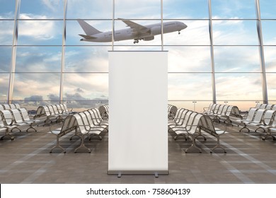 Airport Terminal Lounge. Blank Roll Up Banner Stand And Airplane On Background. 3d Illustration 