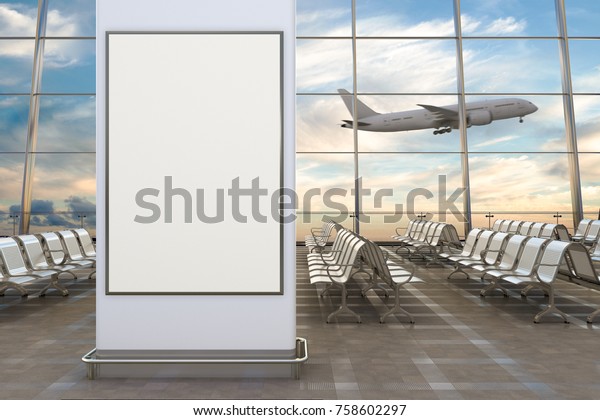 空港のターミナルラウンジ 背景に空白の縦書きのポスターと飛行機 3dイラスト のイラスト素材