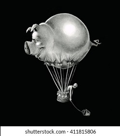 Airship flying pig on black sky with a basket in which a person sits. Graphic illustration