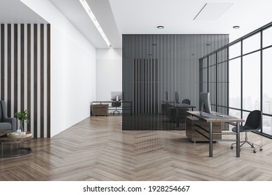 Airy partition in the center of modern eco style open space office with dark wooden tables, floor and stripes on walls. 3D rendering