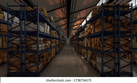 Aisle Between The Shelves With Boxes Inside A Warehouse 3D Rendering