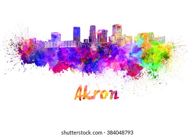 Akron OH Skyline In Watercolor Splatters With Clipping Path