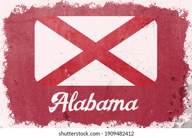 Alabama state flag vintage road tin sign rusty board. Retro grunge flag of Alabama decor background.