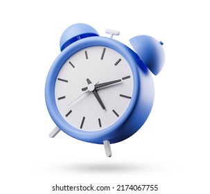 Alarm clock 3d icon blue color on white background. Hand of Hispanic man holding yellow alarm clock over. classic desktop clock. 3d rendered illustration.