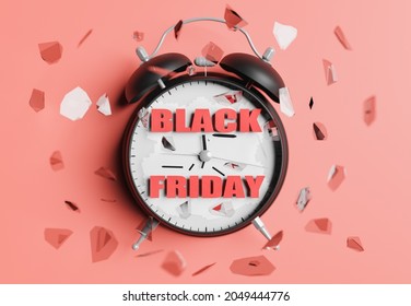 alarm clock with BLACK FRIDAY sign breaking glass and hands. black friday time concept. 3d rendering