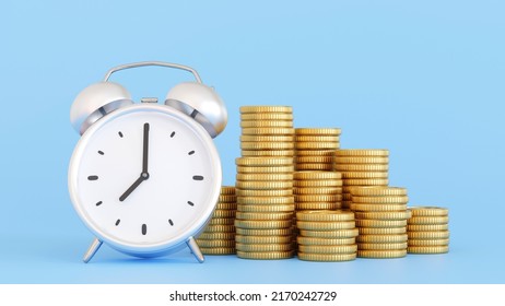 Alarm Clock With Coin Stack, Money Saving, Dead Line Or Tax Time Reminder Concept, 3D Rendering.