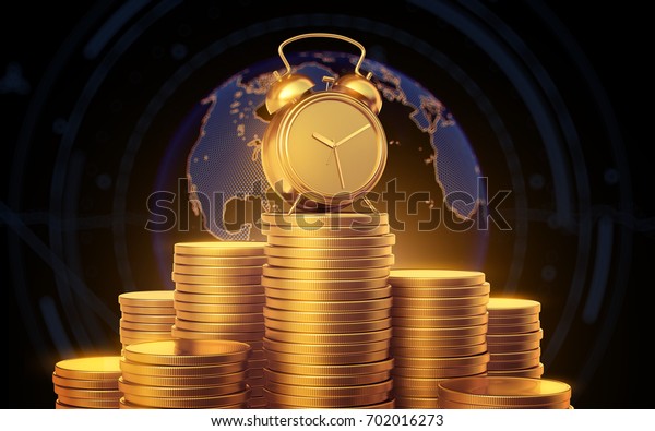 金貨で目覚まし時計 地球儀の背景に金貨の山 3dレンダリング のイラスト素材