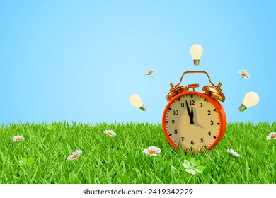 Alarm clock in a meadow in the grass surrounded by light bulbs. Daylight saving time and season transition. 3D rendering - Powered by Shutterstock