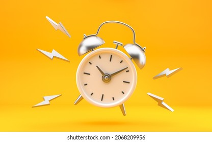 Alarm Clock On Bright Yellow Background. White And Silver Metal Vintage Ringing Alarm Clock. Modern Design, 3d Rendering.