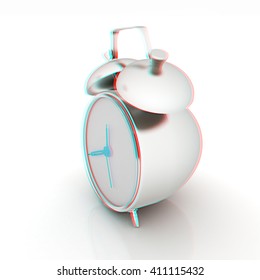 Alarm clock on a white background. 3D illustration. Anaglyph. View with red/cyan glasses to see in 3D.