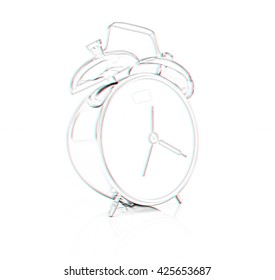 Alarm clock on a white background. Pencil drawing. 3D illustration. Anaglyph. View with red/cyan glasses to see in 3D.