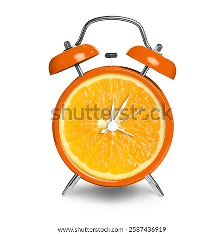 Alarm clock with sliced orange instead of dial on white background