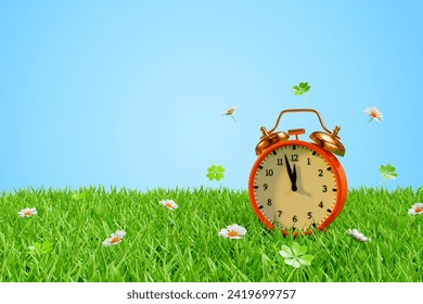 Alarm clock surrounded by flowers in the grass in the meadow. Daylight saving time and season transition. 3D rendering - Powered by Shutterstock