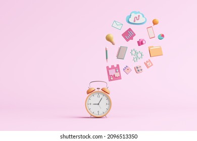 Alarm Clock Work Timetable Routine School Online Learning Idea Connect Internet Future Study. Creative Imagination Business And Education Cute Kids Pink Pastel Object. Clipping Path. 3D Illustration.